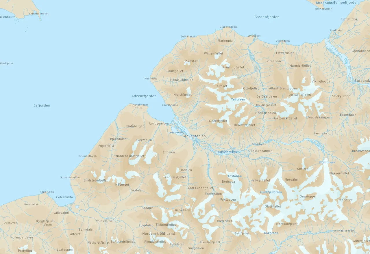 Topographic map of central Spitsbergen around Longyearbyen, showing Isfjorden, Adventfjorden, Adventdalen, Sassenfjorden and Tempelfjorden, with glaciers in white and mountains in brown