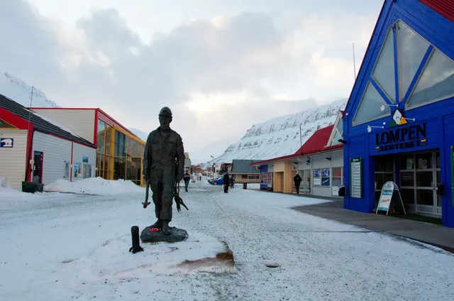 Longyearbyen's snowy pedestrian street lined with shops, with the bronze miner statue in the foreground and the blue Lompen shopping centre on the right